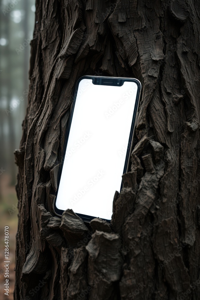 Poster phone embedded in tree bark display blank interface, woodland setting, tech meets nature concept.
