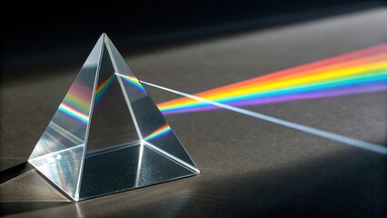 Light dispersion through a prism: a clear triangular prism refracting white light into a visible spectrum of rainbow colors on a dark background, demonstrating the principles of optics and physics