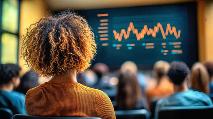Female professional with curly hair at financial analytics seminar. Market data visualization and performance graphs on screen. Business intelligence workshop with diverse audience studying economic