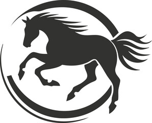 Silhouette of a galloping horse within a circular design symbol.