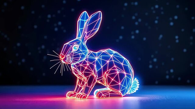 Colorful geometric rabbit design illuminated against a dark background, showcasing vibrant lines and intricate details