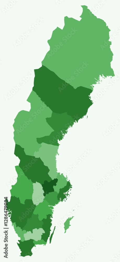 Poster map of sweden with regions. just a simple country border map with region division. green color palet