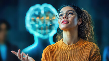 Young woman with glasses near artificial intelligence hologram. Female student explores digital brain visualization. Innovation and technology concept with neural network in blue glow.