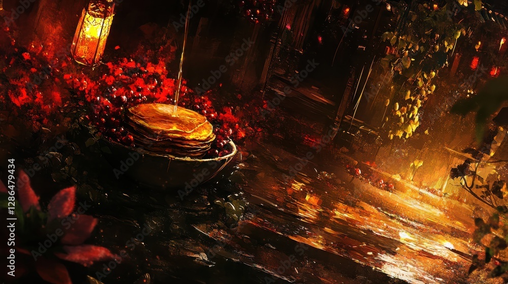 Poster Warm and Inviting Scene of Stacked Pancakes Surrounded by Berries and Soft Ambient Light