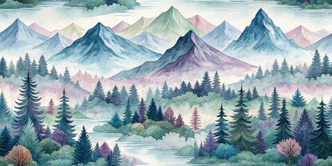 Fototapeta premium Watercolor Mountain Landscape Background, Soft Pastel Mountains, Scenic Nature, Artistic Painting, Digital Art, Mountain Range Illustration, Calm Scenery, Peaceful Background