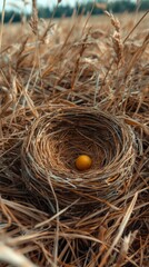 Solitary Bird Egg in Nest Open Field Nature Photography Sunny Environment Close-Up View Symbol of New Life