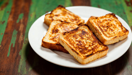 Un plato con cinco rebanadas de pan tostado sobre una mesa de madera, la mesa tiene un color verde y marr&oacute;n