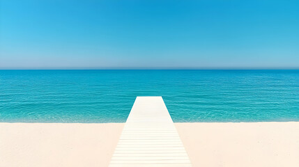 Fototapeta premium White pier on sandy beach, turquoise sea, clear sky; summer vacation