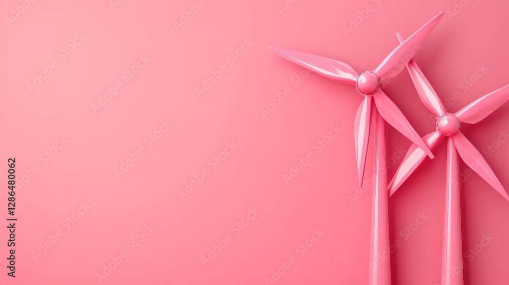 Poster pink wind turbines in abstract minimalist composition with monochrome background emphasizing renewab