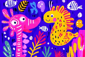 flat illustration underwater scene with sea horse, octopus, fish, childish style, vector minimalist shape