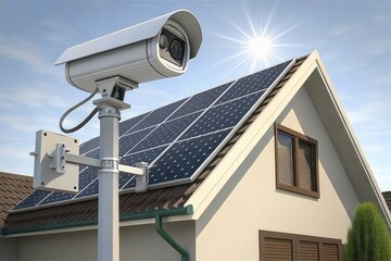 Solar Panel System Powering CCTV Camera on Residential Rooftop in Bright Sunlight. Generative AI