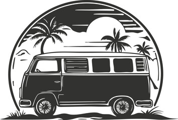 Black and white retro van with palm trees and sunset illustration. © vadymstock