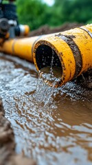 Fototapeta premium Dirty Yellow Water Pipe Discharging Construction Site Photography Outdoor Close-up Environmental Impact