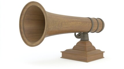 Antique wooden horn loudspeaker on a stand, isolated on white background.