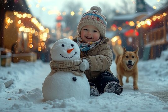 A happy toddler boy in warm clothing and sidesplitting canine ma
