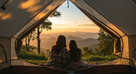Two Women Enjoying Mountain View From Tent at Sunset During Camping Trip