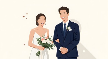 An elegant illustration presents a beaming bride and groom in wedding attire, holding arms against a soft, neutral backdrop, radiating joy, love, and marital bliss.