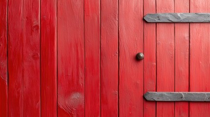 Fototapeta premium Red wooden door, rustic texture, metal accents, exterior