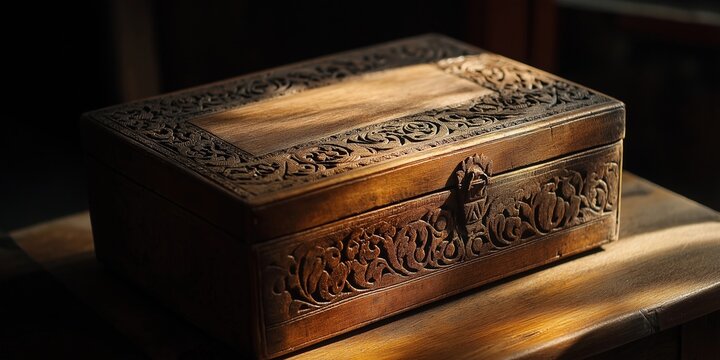 An ornate wooden box with intricate carvings sits in warm sunlight, creating a sense of nostalgia and mystery