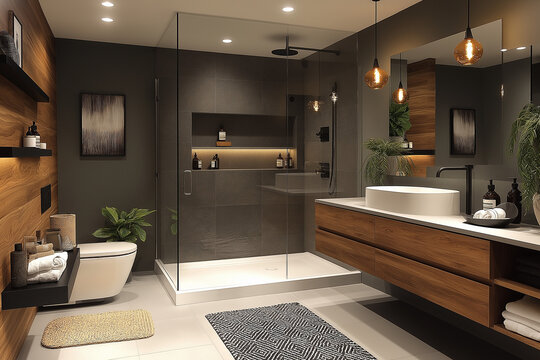 Photographie immobili&egrave;re d&rsquo;une salle de bain moderne avec douche &agrave; l&rsquo;italienne, meuble vasque suspendu et accessoires noirs mats. HDR, 3D, design, tendance, architecte