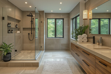 Photographie immobilière d’une salle de bain moderne avec douche à l’italienne, meuble vasque suspendu et accessoires noirs mats. HDR, 3D, design, tendance, architecte