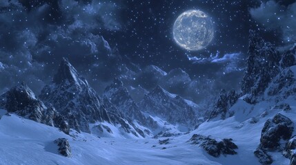 Snowy Mountains at Night Under a Starry Sky with Full Moon
