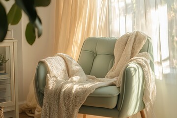 Cozy corner with a light blue chair and a soft blanket near a sunlit window in a serene living space