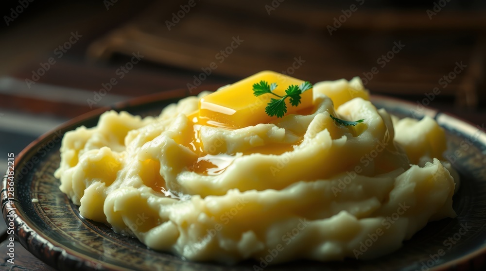 Poster creamy mashed potatoes with melting butter and parsley garnish on a dark patterned plate close up vi
