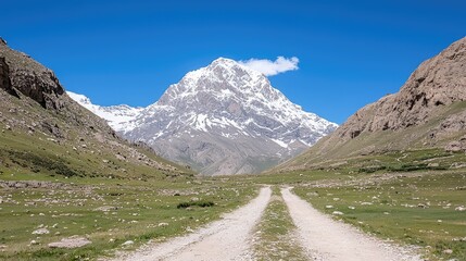 Fototapeta premium Mountain valley road leading to snow-capped peak. Possible use for stock photography