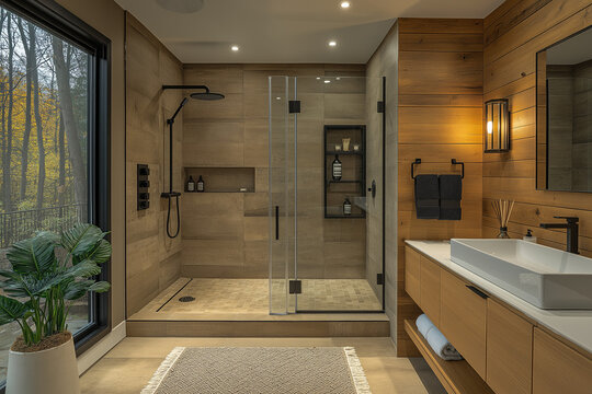 Photographie immobili&egrave;re d&rsquo;une salle de bain moderne avec douche &agrave; l&rsquo;italienne, meuble vasque suspendu et accessoires noirs mats. HDR, 3D, design, tendance, architecte