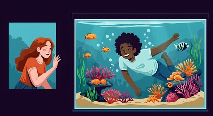 A young woman smiles and waves to a friend imaginatively swimming inside a giant aquarium. Whimsical friendship, imagination and vibrant underwater world.