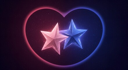 Obraz premium Two sparkling stars, one pink and one blue, shine brightly inside a neon heart against a starry space background. A symbol of cosmic love.