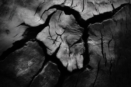 Close-up of cracked, aged wood in black and white, highlighting deep textures and dramatic contrast in the organic patterns
