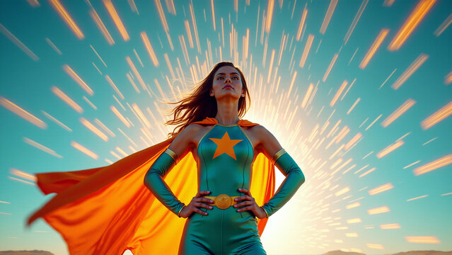 Brave confident superhero girl with hands on her hips in turquoise and orange outfit with kinetic burst motion background, representing female empowerment and strength