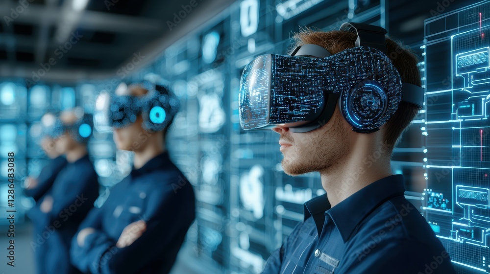 Poster virtual reality security monitoring with ai technology in modern control room futuristic environment
