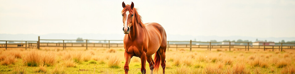 Obraz premium LinkedIn background with a majestic horse standing in a vast open field with a rustic wooden fence, symbolizing strength and freedom in traditional livestock farming.