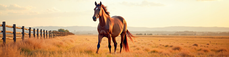 Obraz premium LinkedIn background with a majestic horse standing in a vast open field with a rustic wooden fence, symbolizing strength and freedom, ideal for equestrian themes.