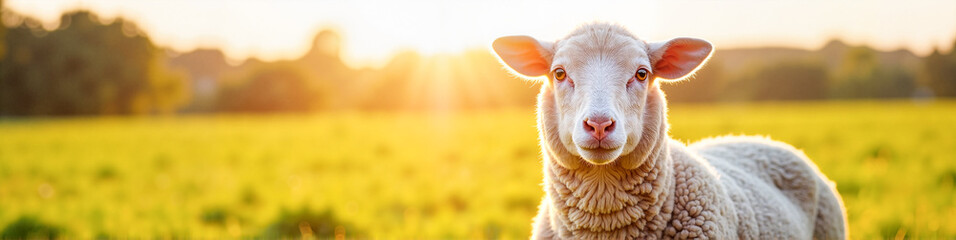 Naklejka premium LinkedIn background with a single sheep standing in a sunlit farm field, showcasing quality livestock farming concept.