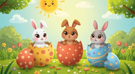 Naklejka premium Three adorable bunnies hatch from colorful Easter eggs under a bright, cheerful sun, surrounded by flowers and greenery. A whimsical Easter scene.