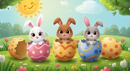 Naklejka premium Adorable Easter bunnies pop out of decorated eggs on a sunny spring day. A cheerful and vibrant scene perfect for holiday celebrations and greetings.