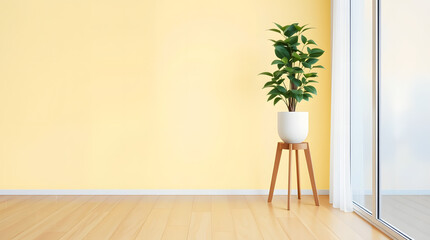 Sunlit Minimalist Interior: A single, vibrant green plant in a minimalist white pot stands elegantly in a sun-drenched room against a textured wall. The sunlight casts a warm shadow. natural glow