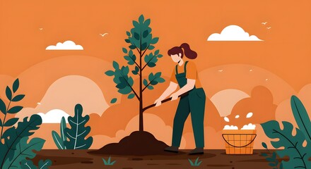 A woman plants a tree in a stylized illustration with an orange backdrop, symbolizing environmental conservation and the beauty of new beginnings.