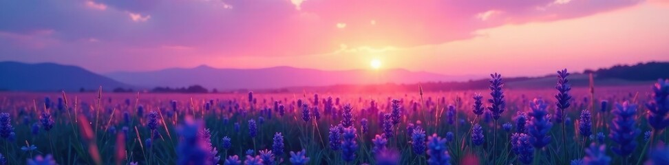Soft pink and blue light fade into purple on a peaceful meadow under sunset, ambiance, soft