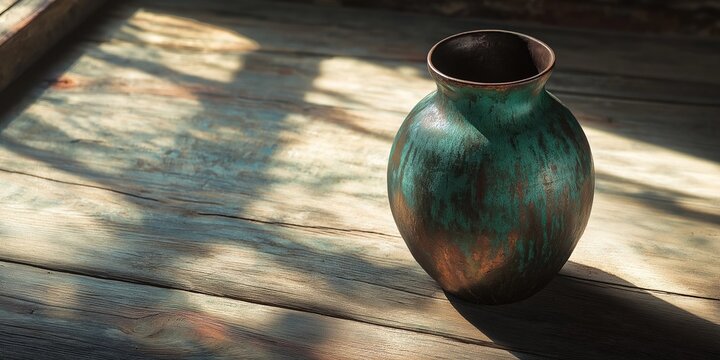 Aged green patina vase placed on a rustic wooden surface with warm sunlight and soft shadows
