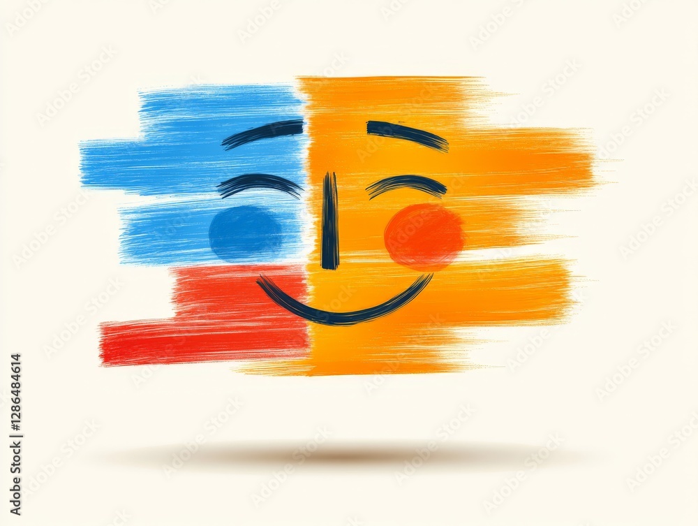 Poster abstract face with bold blue and yellow brushstrokes and a happy expression representing creativity 