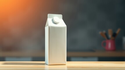 Carton beverage container with twist cap sitting on kitchen counter in warm inviting light, ready to enjoy.