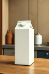 White gable top carton stands on wooden countertop against a neutral kitchen backdrop. Minimalist design.