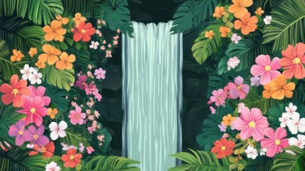 Lush waterfall cascading through tropical flowers