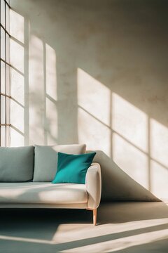 Minimalist beige sofa with a teal pillow against a sunlit wall with soft shadows
