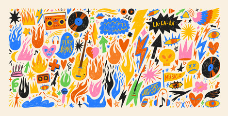 Punk and rock style crayon drawn shapes and stickers. Collection of graffiti doodle music figures.